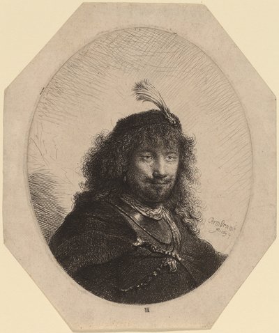 Autoportrait (?) avec Chapeau à Plumes et Sabre Baissé - Rembrandt van Rijn