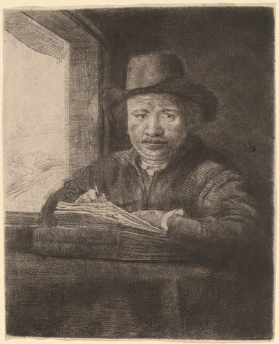Autoportrait dessinant à une fenêtre - Rembrandt van Rijn