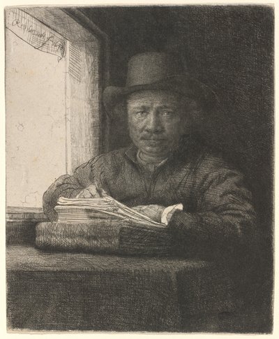 Autoportrait dessinant à une fenêtre - Rembrandt van Rijn