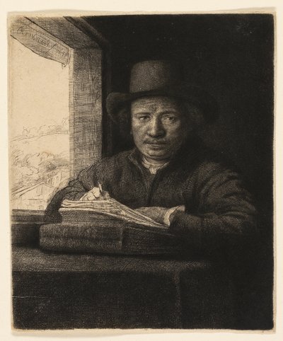 Autoportrait Gravure à une Fenêtre - Rembrandt van Rijn