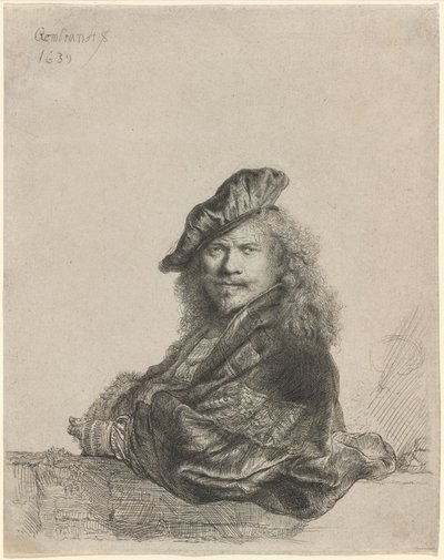 Autoportrait appuyé sur un rebord de pierre - Rembrandt van Rijn