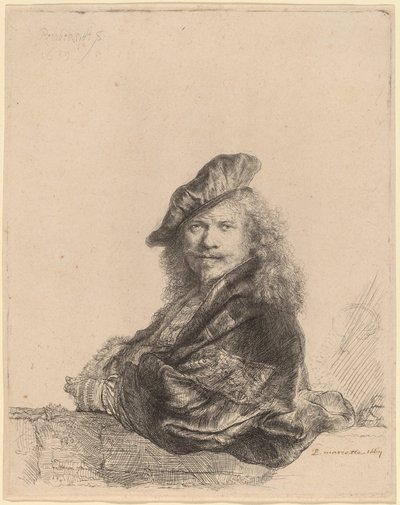 Autoportrait appuyé sur un rebord de pierre - Rembrandt van Rijn