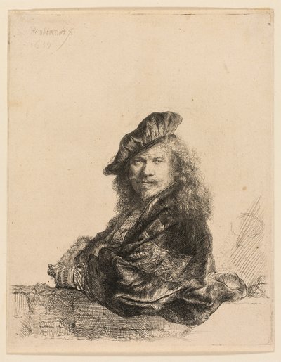 Autoportrait appuyé sur un rebord de pierre - Rembrandt van Rijn