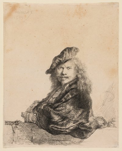 Autoportrait appuyé sur un rebord de pierre - Rembrandt van Rijn