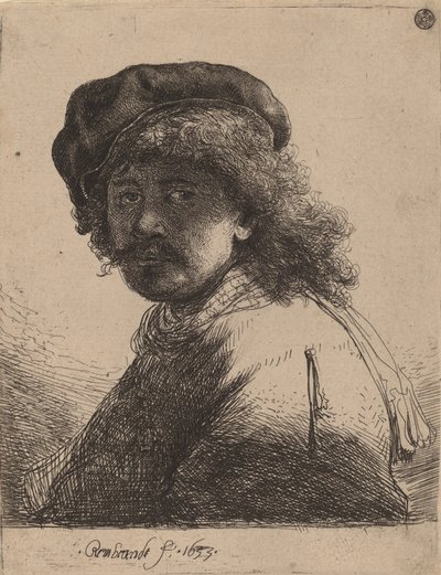 Autoportrait en bonnet et écharpe avec le visage sombre - Rembrandt van Rijn