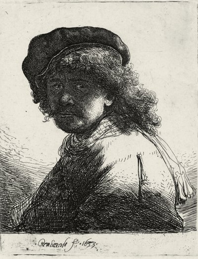 Autoportrait en bonnet et écharpe avec le visage sombre, 1633 - Rembrandt van Rijn