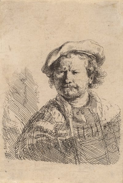 Autoportrait avec une casquette plate et une robe brodée, vers 1642 - Rembrandt van Rijn