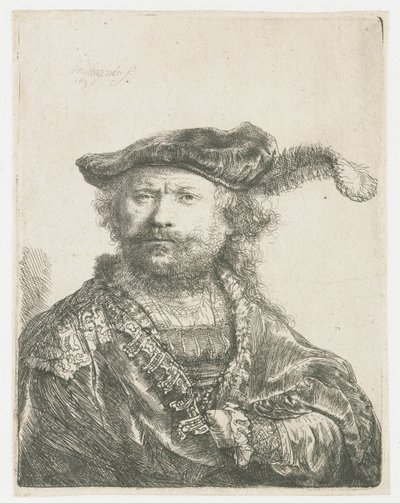 Autoportrait avec un bonnet de velours et une plume - Rembrandt van Rijn