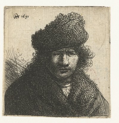 Autoportrait avec un bonnet de fourrure incliné : buste - Rembrandt van Rijn