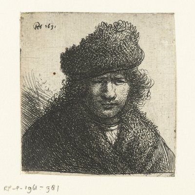 Autoportrait avec bonnet de fourrure incliné : buste - Rembrandt van Rijn