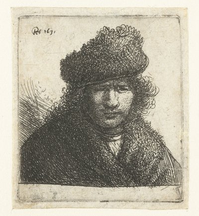 Autoportrait avec un bonnet de fourrure incliné : buste - Rembrandt van Rijn