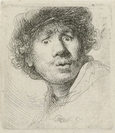 Autoportrait avec béret et yeux écarquillés, 1630 - Rembrandt van Rijn