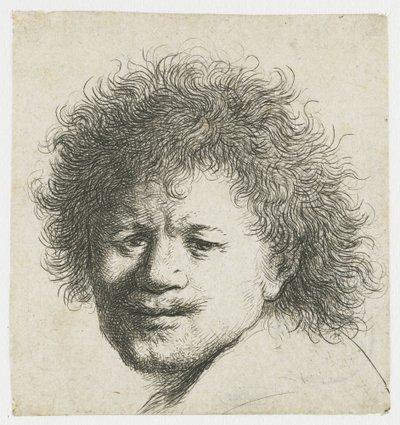 Autoportrait avec cheveux longs et touffus : tête seulement - Rembrandt van Rijn