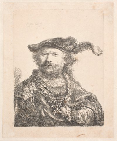 Autoportrait en bonnet de velours et plume, avec une robe brodée : buste - Rembrandt van Rijn