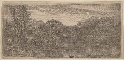 Petit paysage gris : une maison et des arbres au bord d