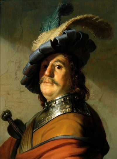 Soldat avec col de fer et chapeau à plumes - Rembrandt van Rijn