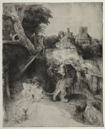 Saint Jérôme lisant dans un paysage italien - Rembrandt van Rijn