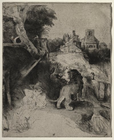 Saint Jérôme lisant dans un paysage italien - Rembrandt van Rijn