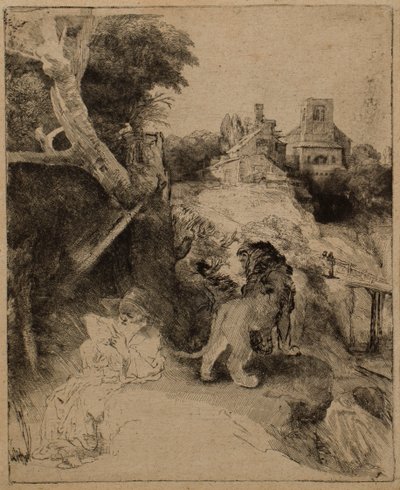 Saint Jérôme lisant dans un paysage italien - Rembrandt van Rijn