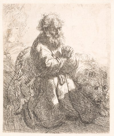 Saint Jérôme à genoux en prière, regardant vers le bas - Rembrandt van Rijn