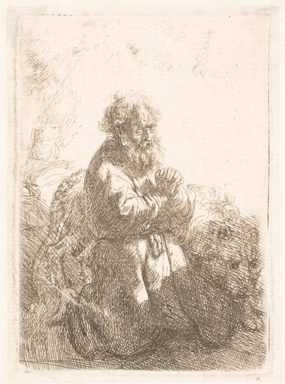 Saint Jérôme à genoux en prière, regardant vers le bas - Rembrandt van Rijn