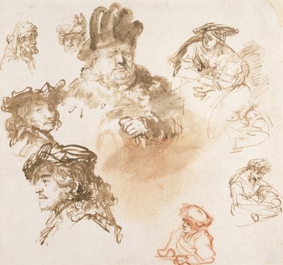 Études de têtes de vieux hommes et trois femmes avec enfants, vers 1635-36 - Rembrandt van Rijn