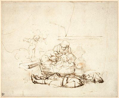 La Sainte Famille endormie, avec des anges, 1645 - Rembrandt van Rijn
