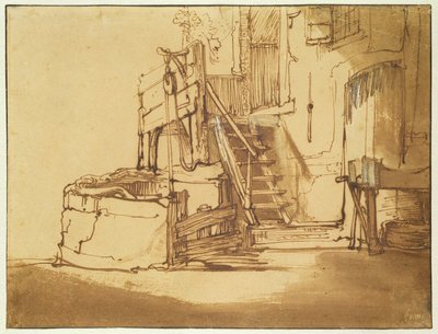 Le puits devant la ferme (encre brune et lavis brun sur papier) - Rembrandt van Rijn