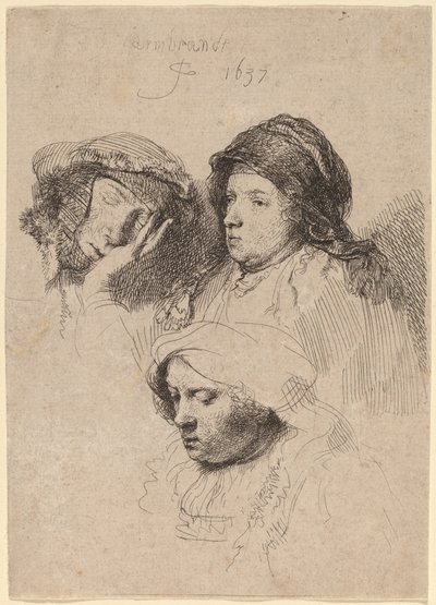 Trois têtes de femmes, une endormie - Rembrandt van Rijn