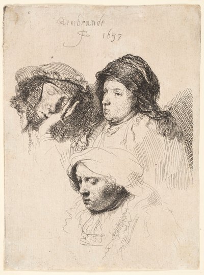 Trois têtes de femmes, une endormie - Rembrandt van Rijn