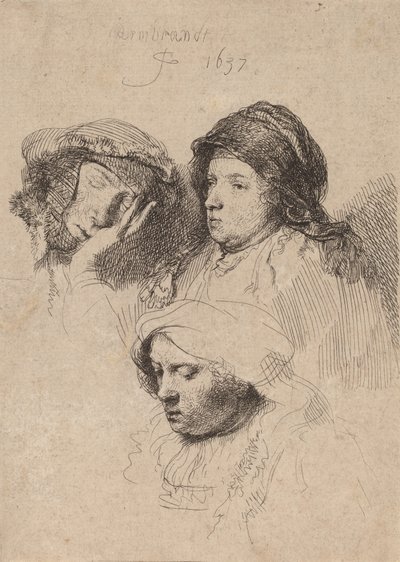 Trois têtes de femmes, une endormie - Rembrandt van Rijn