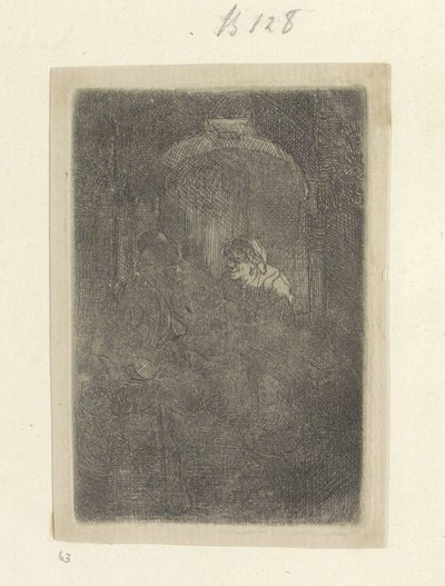 Femme dans une porte, parlant avec un homme avec des enfants (série: Recueil de quatre-vingt-cinq estampes originales) - Rembrandt van Rijn