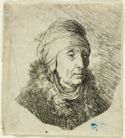 Femme avec une haute coiffe enveloppée autour du menton : Buste - Rembrandt van Rijn