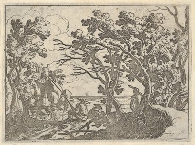 Paysage avec pêcheur à terre et observateur masculin sous les arbres, un homme dans un bateau - Remigio Cantagallina
