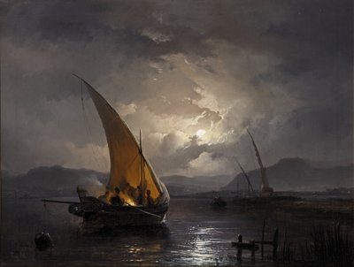 Paysage nocturne avec un voilier où un feu est allumé, après 1860 - Remigius van Haanen