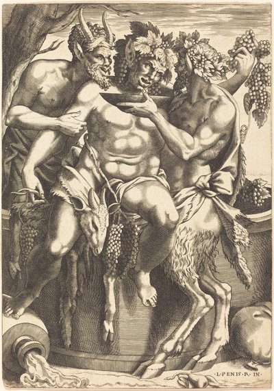 Deux satyres donnant à boire à Bacchus - René Boyvin after Luca Penni