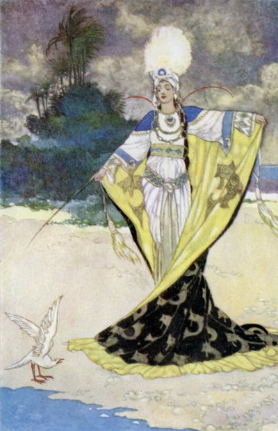 La princesse Giauhara transforme le roi Beder en oiseau blanc - René Bull