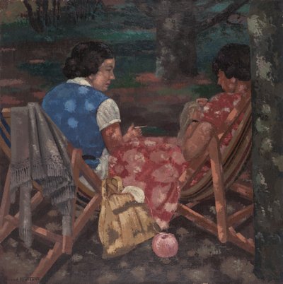 Femmes tricotant dans le jardin - René Fontayne
