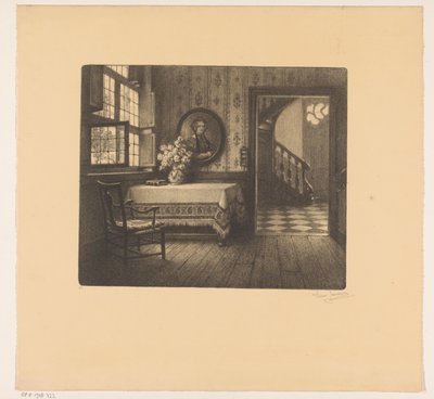 Intérieur avec portrait, table et vue sur un couloir - René Janssens (signed by artist)