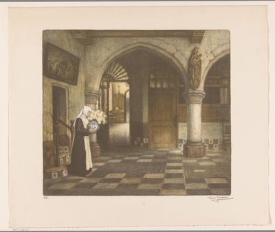 Nonne dans un cloître avec un vase de fleurs - René Janssens (signed by artist)