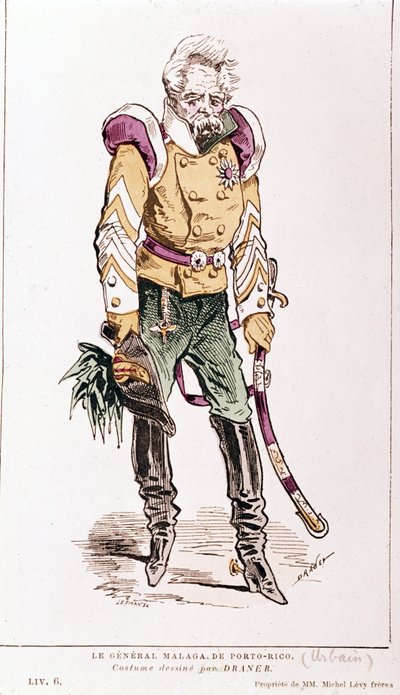 Jacques Offenbach : « La vie parisienne ». Général Malaga de Porto Rico, costume de Draner. 1866. - Renard Jules Draner