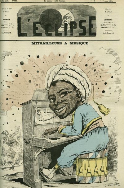 Mitrailleuse avec musique, caricature de Jules Renard Draner (1833-1926), spécialiste de la vie militaire parmi toutes les nationalités. Couverture dans « L
