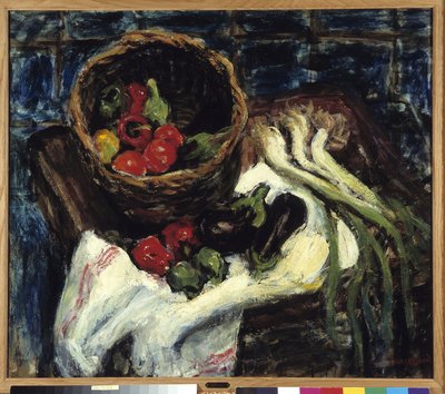 Nature morte dans un panier de légumes Poivrons, aubergine et poireaux - Rene Auguste Seyssaud