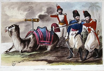 Costumes militaires persans du XIXe siècle et un chameau portant un canon, vers 1840 - Rene Demoraine