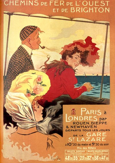 Affiche publicitaire par René Pean pour la compagnie ferroviaire West and Brighton pour la ligne Paris-Londres via Rouen, Dieppe et Newhaven, fin du XIXe siècle - Rene Pean