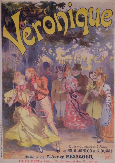 Affiche publicitaire pour Véronique, une opérette avec des paroles de A. Vanloo et G. Duval et de la musique d