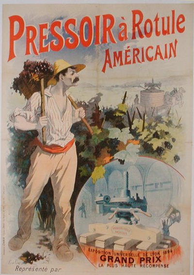Affiche publicitaire pour un pressoir à vin américain, exposé à l