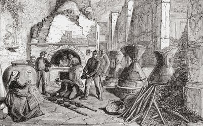 Four du boulanger, pain et moulins à farine découverts lors des fouilles de Pompéi, Naples, Italie à la fin du XIXe siècle. Extrait de 