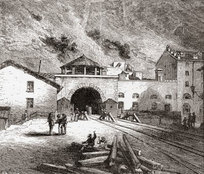 Le tunnel ferroviaire de Fréjus aussi appelé le tunnel du Mont Cenis, Alpes européennes, du côté italien à la fin du XIXe siècle. Tiré de 