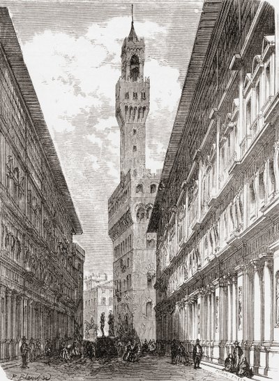 Les Offices, le Palazzo Vecchio et les statues de la Piazza della Signoria, Florence, Italie à la fin du 19e siècle. De 